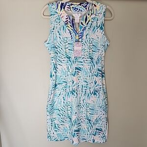 Stella Parker Dress Blue Tropical Palm UPF50+ Sleeveless Pullover Pockets Small